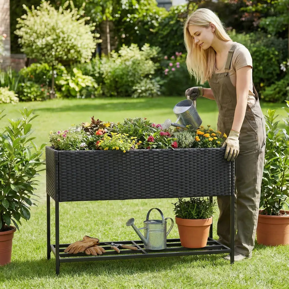 Raised Wicker Garden Bed with Storage Shelf and Removable Liner-Black - Raised Garden Beds