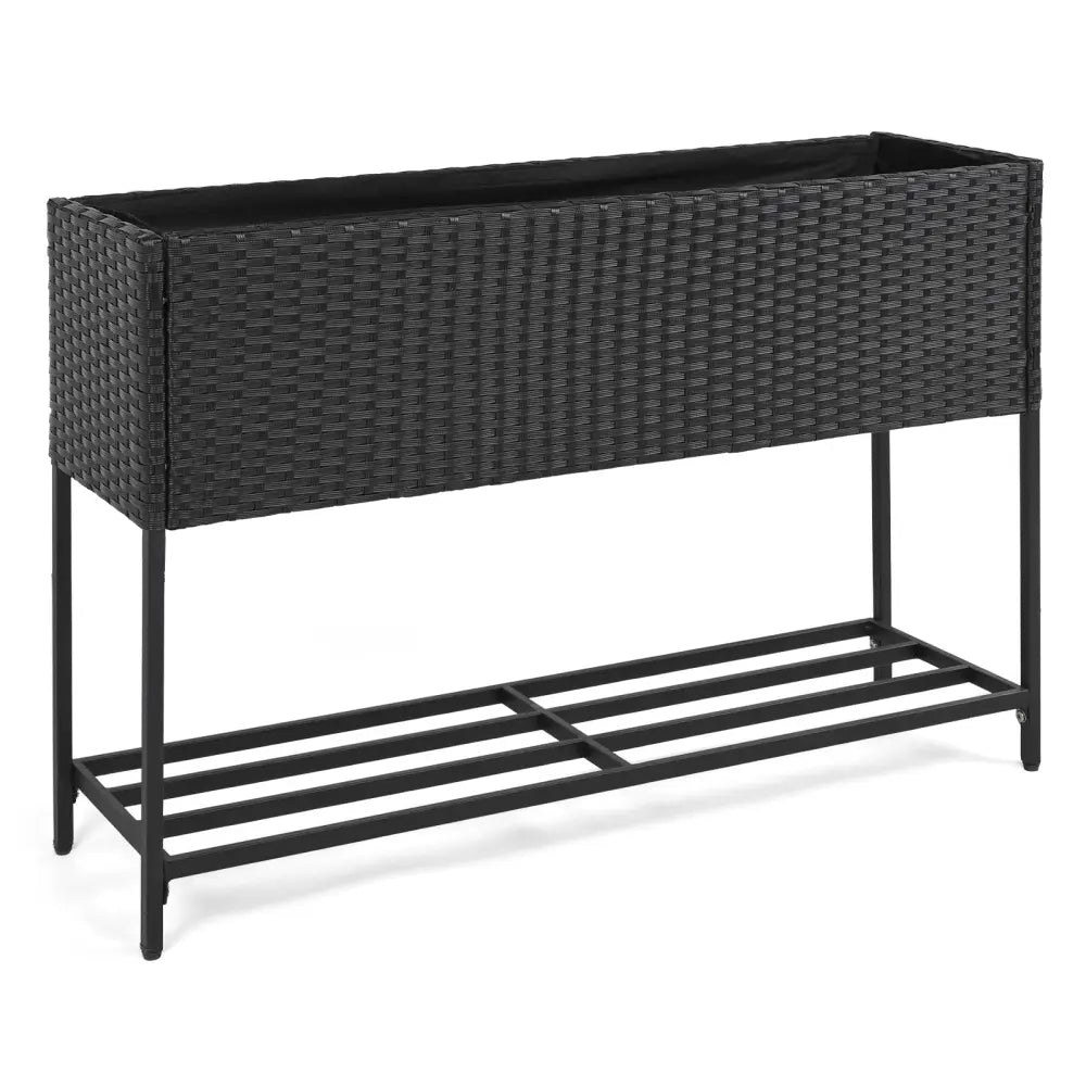 Raised Wicker Garden Bed with Storage Shelf and Removable Liner-Black - Raised Garden Beds
