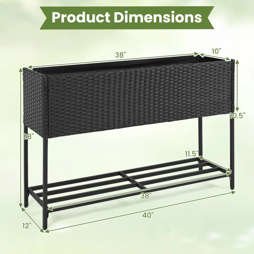 Raised Wicker Garden Bed with Storage Shelf and Removable Liner-Black - Raised Garden Beds