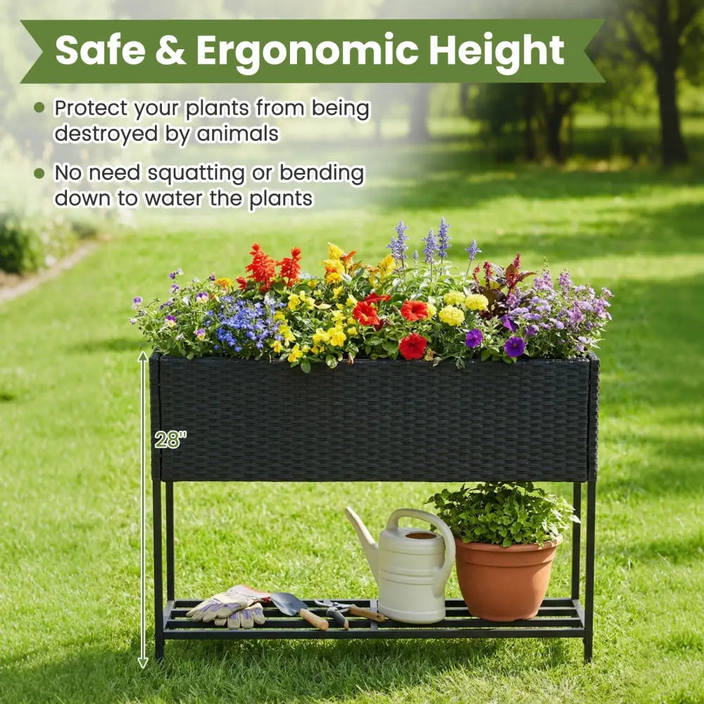 Raised Wicker Garden Bed with Storage Shelf and Removable Liner-Black - Raised Garden Beds