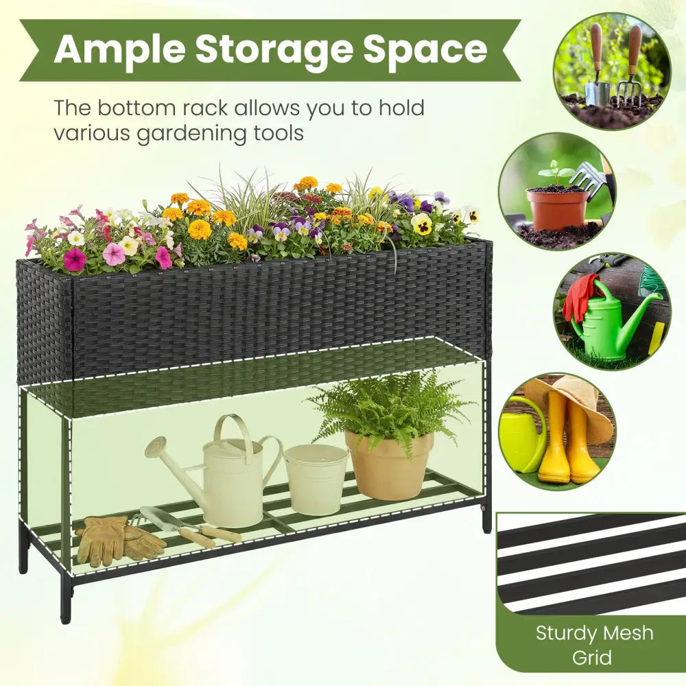 Raised Wicker Garden Bed with Storage Shelf and Removable Liner-Black - Raised Garden Beds