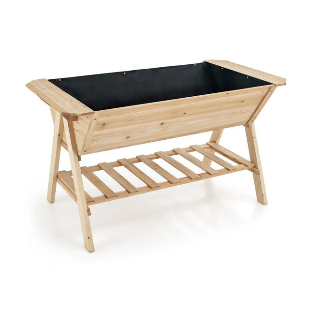 Raised Wood Garden Bed with Shelf and Liner - Natural - Raised Garden Beds