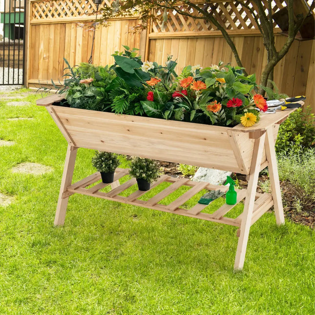 Raised Wood Garden Bed with Shelf and Liner - Natural - Raised Garden Beds