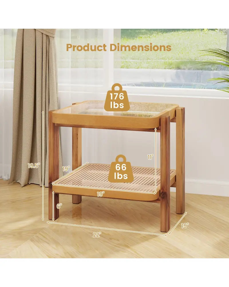 Rattan 2-Tier End Side Table with Tempered Glass Top Acacia Wood Legs-Brown - Natural - End & Side Tables