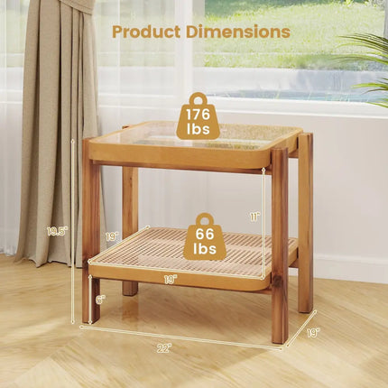 Rattan 2-Tier End Side Table with Tempered Glass Top Acacia Wood Legs-Brown - Natural - End & Side Tables