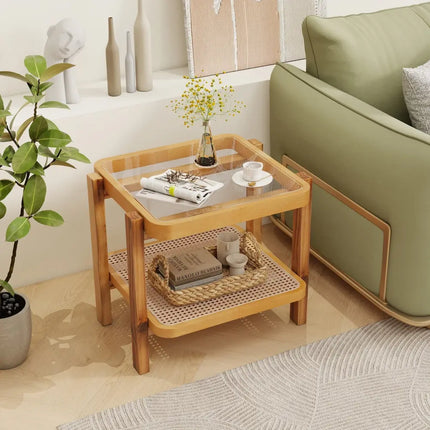 Rattan 2-Tier End Side Table with Tempered Glass Top Acacia Wood Legs-Brown - Natural - End & Side Tables