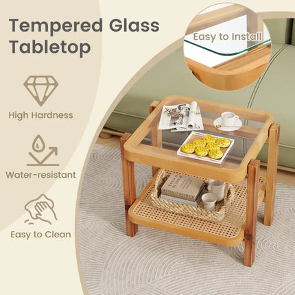 Rattan 2-Tier End Side Table with Tempered Glass Top Acacia Wood Legs-Brown - Natural - End & Side Tables