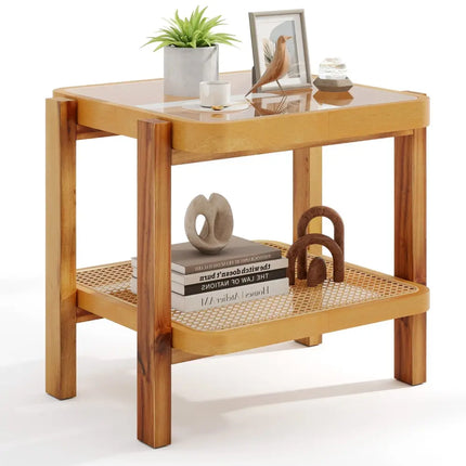 Rattan 2-Tier End Side Table with Tempered Glass Top Acacia Wood Legs-Brown - Natural - End & Side Tables