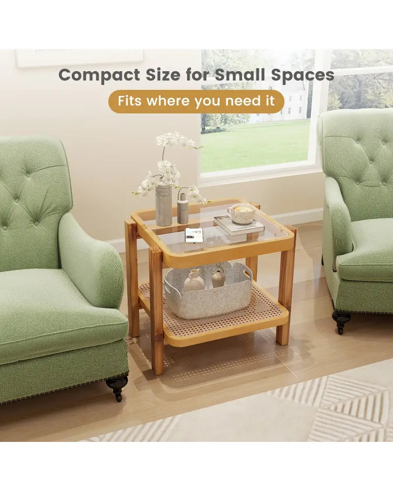 Rattan 2-Tier End Side Table with Tempered Glass Top Acacia Wood Legs-Brown - Natural - End & Side Tables