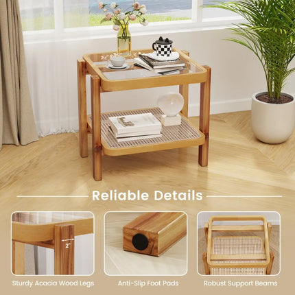 Rattan 2-Tier End Side Table with Tempered Glass Top Acacia Wood Legs-Brown - Natural - End & Side Tables