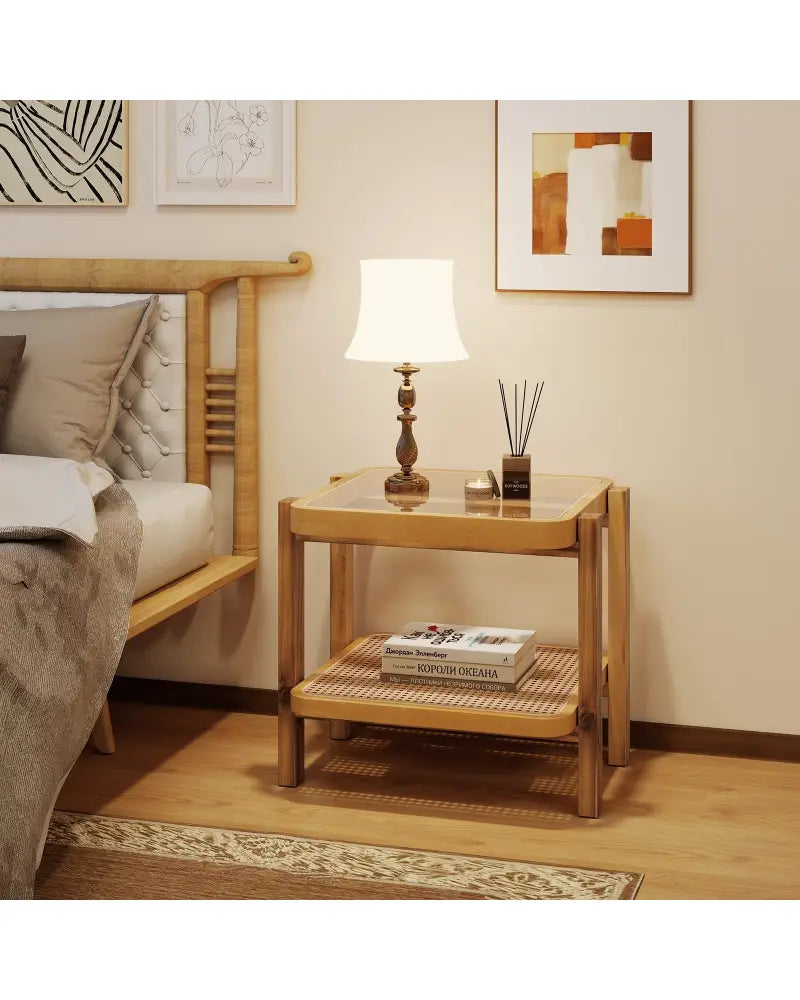 Rattan 2-Tier End Side Table with Tempered Glass Top Acacia Wood Legs-Brown - Natural - End & Side Tables
