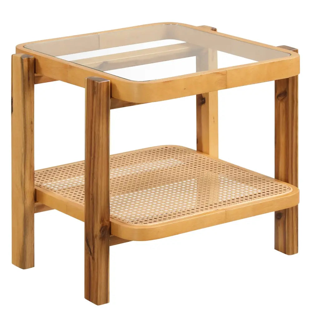 Rattan 2-Tier End Side Table with Tempered Glass Top Acacia Wood Legs-Brown - Natural - End & Side Tables