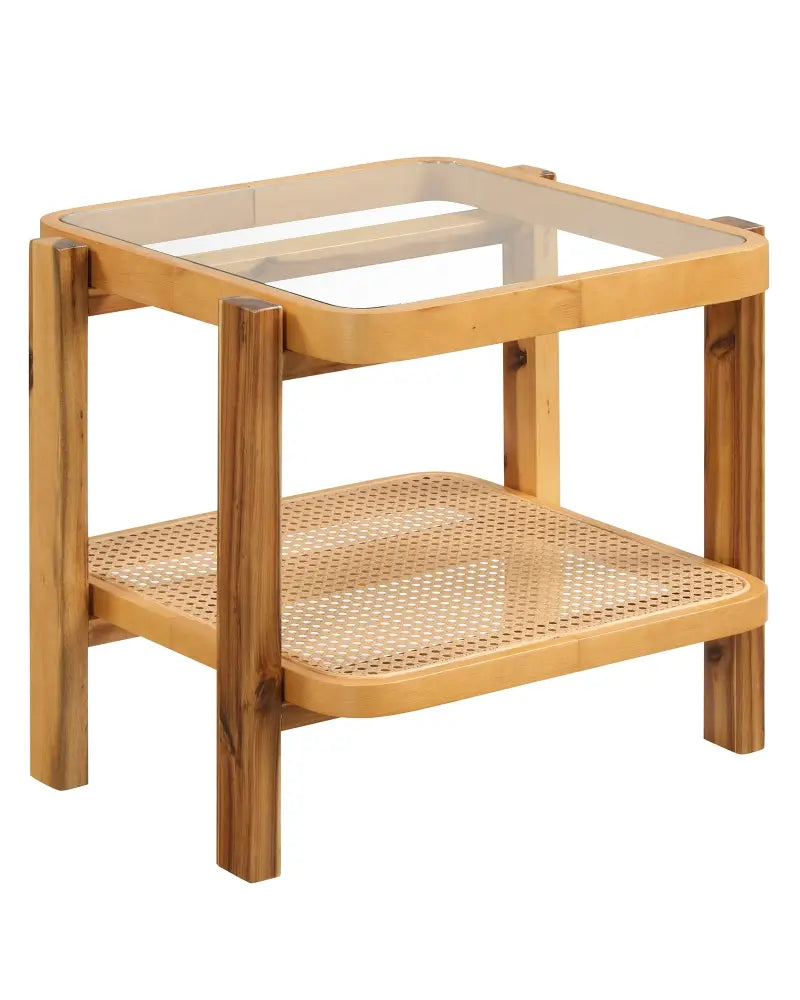 Rattan 2-Tier End Side Table with Tempered Glass Top Acacia Wood Legs-Brown - Natural - End & Side Tables
