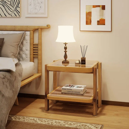 Rattan 2-Tier End Side Table with Tempered Glass Top Acacia Wood Legs-Brown - Natural - End & Side Tables
