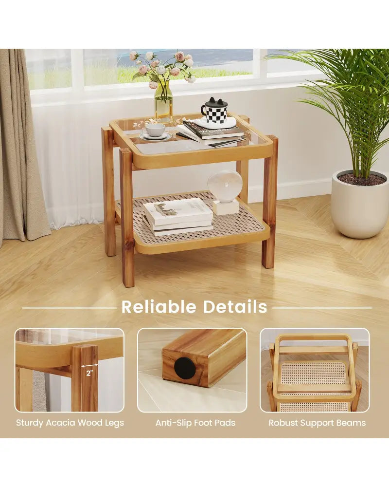 Rattan 2-Tier End Side Table with Tempered Glass Top Acacia Wood Legs-Brown - Natural - End & Side Tables