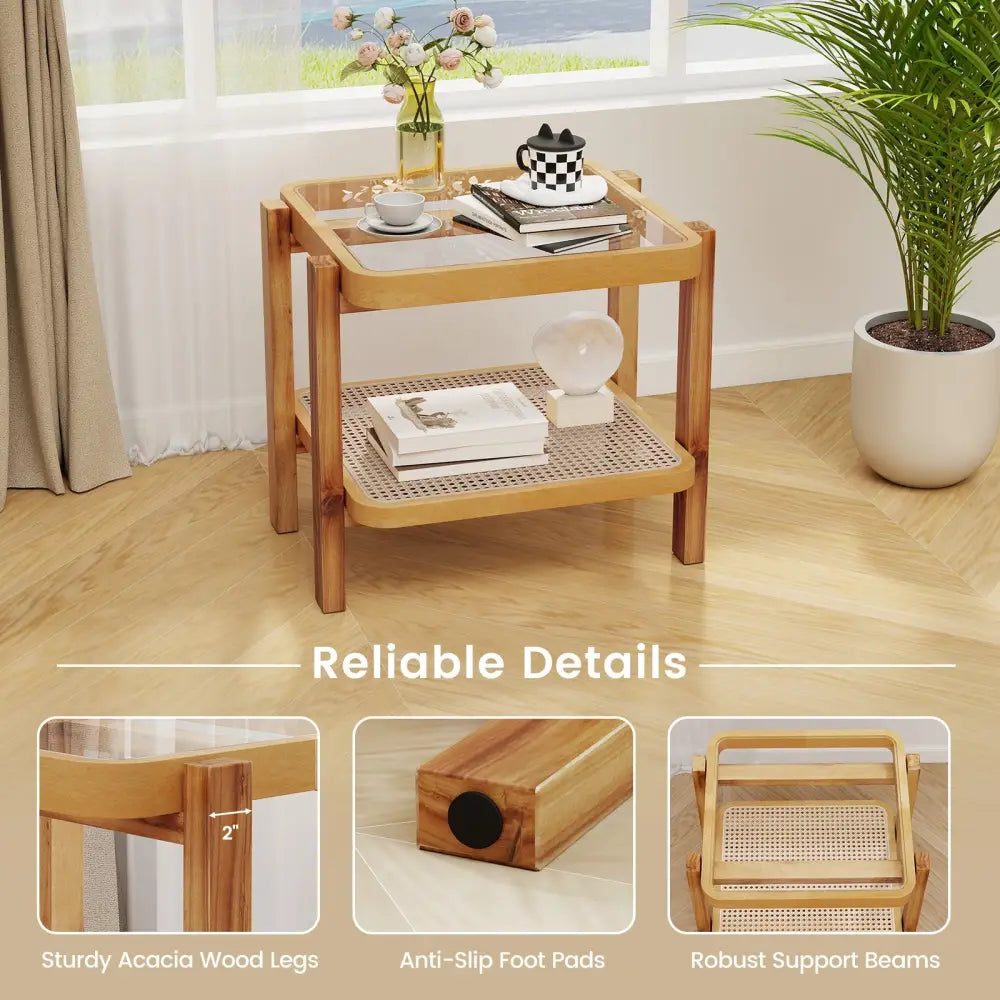 Rattan 2-Tier End Side Table with Tempered Glass Top Acacia Wood Legs-Brown - Natural - End & Side Tables