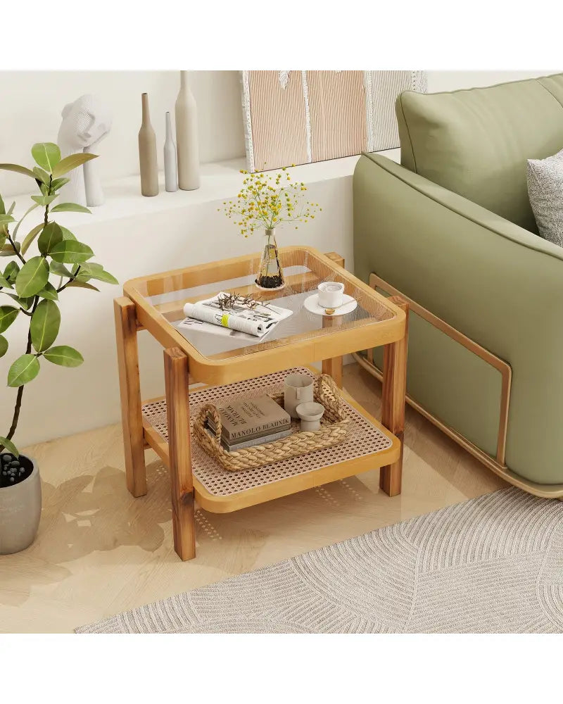 Rattan 2-Tier End Side Table with Tempered Glass Top Acacia Wood Legs-Brown - Natural - End & Side Tables