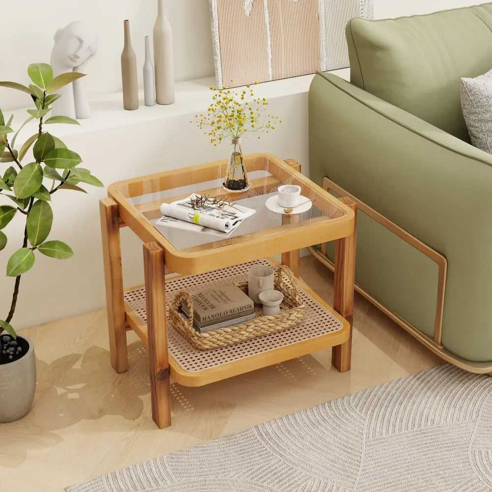 Rattan 2-Tier End Side Table with Tempered Glass Top Acacia Wood Legs-Brown - Natural - End & Side Tables