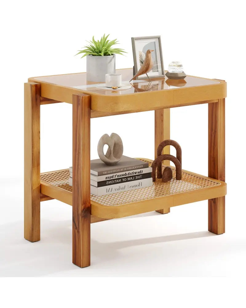 Rattan 2-Tier End Side Table with Tempered Glass Top Acacia Wood Legs-Brown - Natural - End & Side Tables