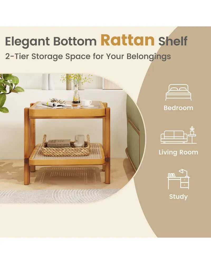 Rattan 2-Tier End Side Table with Tempered Glass Top Acacia Wood Legs-Brown - Natural - End & Side Tables