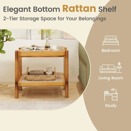 Rattan 2-Tier End Side Table with Tempered Glass Top Acacia Wood Legs-Brown - Natural - End & Side Tables