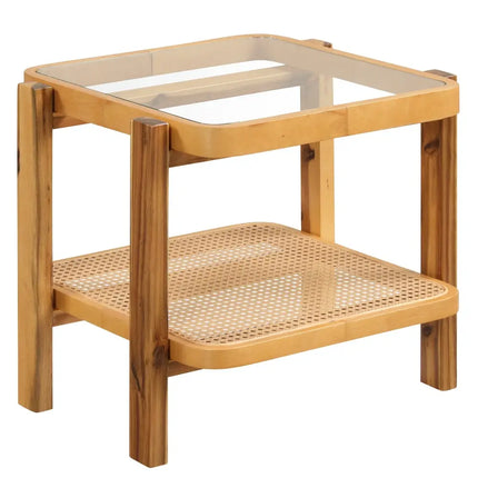 Rattan 2-Tier End Side Table with Tempered Glass Top Acacia Wood Legs-Brown - Natural - End & Side Tables