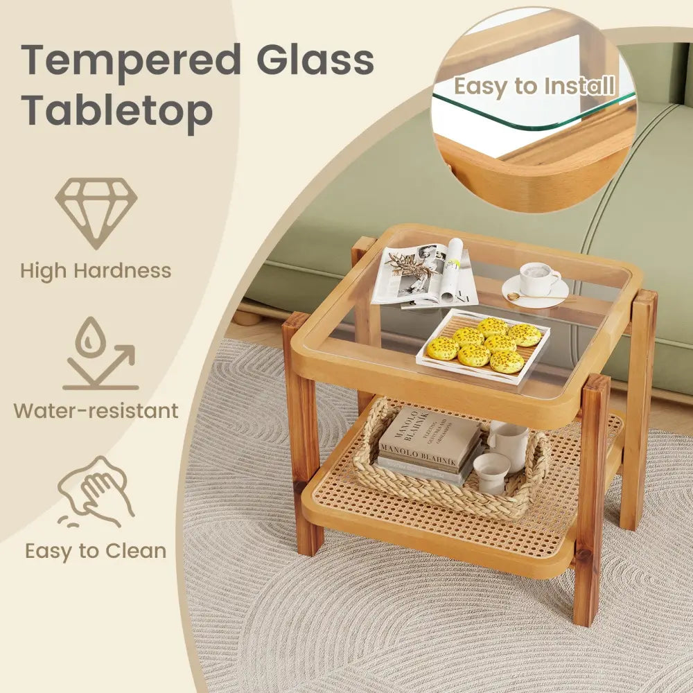 Rattan 2-Tier End Side Table with Tempered Glass Top Acacia Wood Legs-Brown - Natural - End & Side Tables