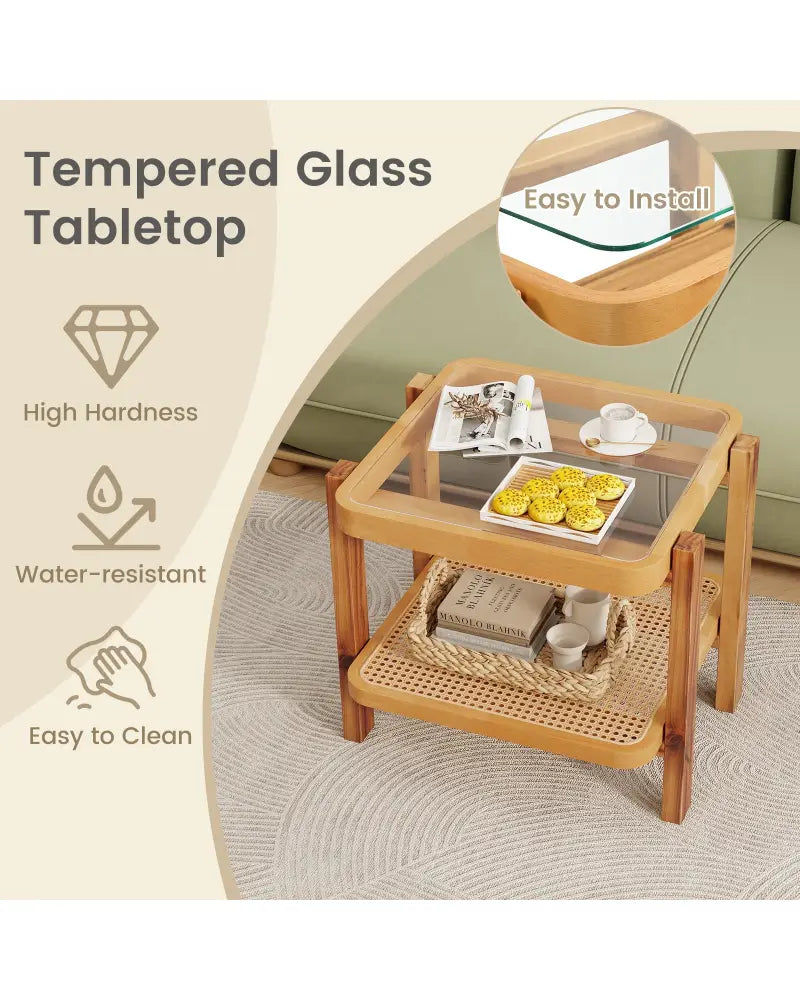 Rattan 2-Tier End Side Table with Tempered Glass Top Acacia Wood Legs-Brown - Natural - End & Side Tables