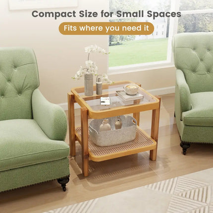 Rattan 2-Tier End Side Table with Tempered Glass Top Acacia Wood Legs-Brown - Natural - End & Side Tables