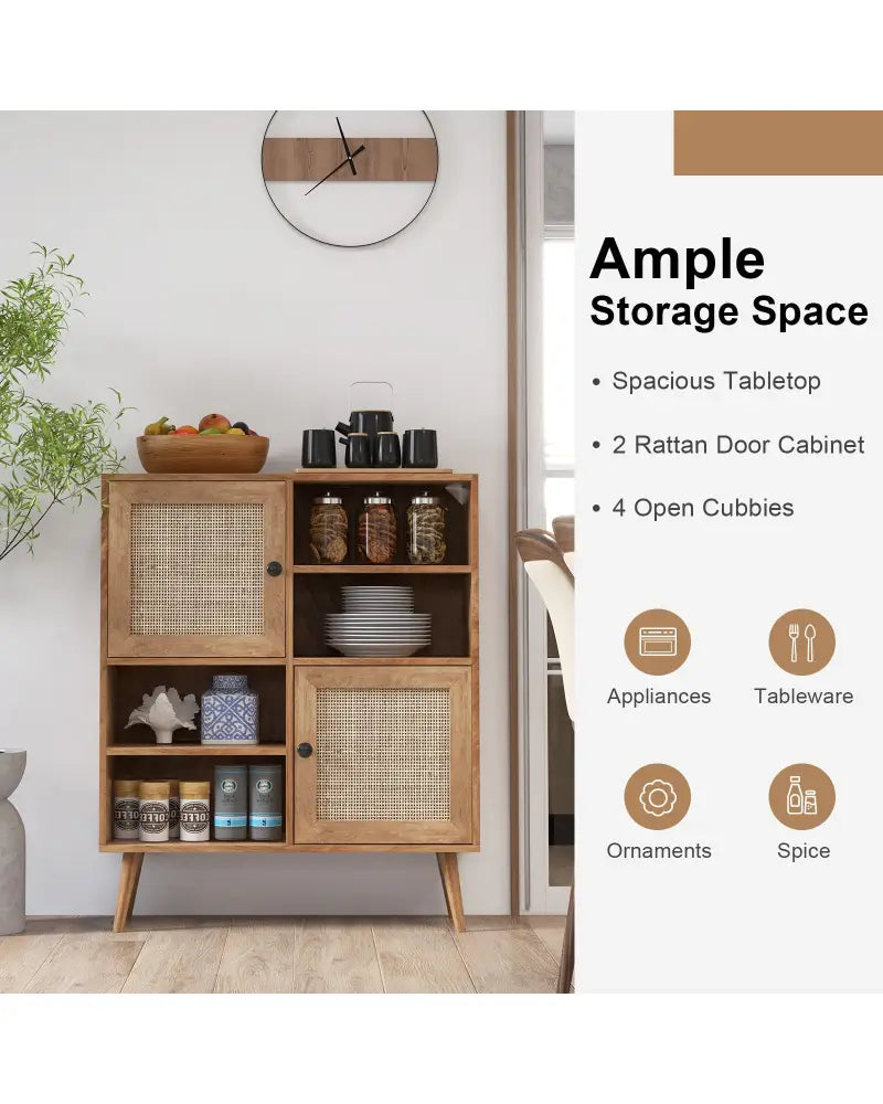 Rattan Buffet Cabinet with 2 Doors and 2 Cubbies-Natural - Natural - Sideboards Cabinets & Buffets