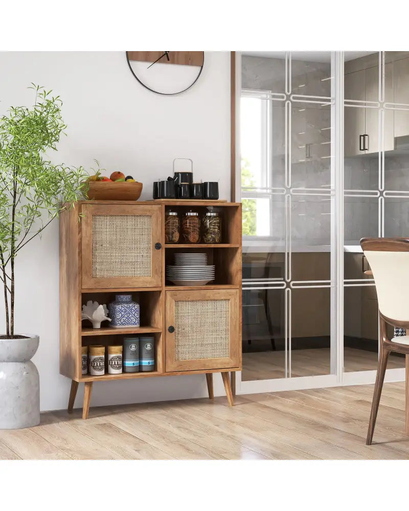 Rattan Buffet Cabinet with 2 Doors and 2 Cubbies-Natural - Natural - Sideboards Cabinets & Buffets