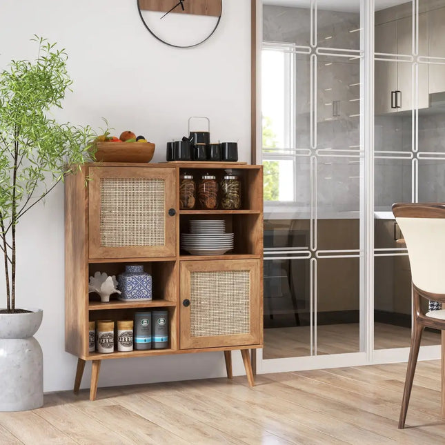 Rattan Buffet Cabinet with 2 Doors and 2 Cubbies-Natural - Natural - Sideboards Cabinets & Buffets
