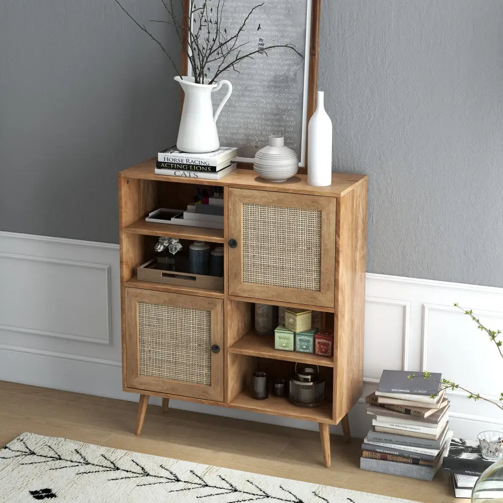 Rattan Buffet Cabinet with 2 Doors and 2 Cubbies-Natural - Natural - Sideboards Cabinets & Buffets