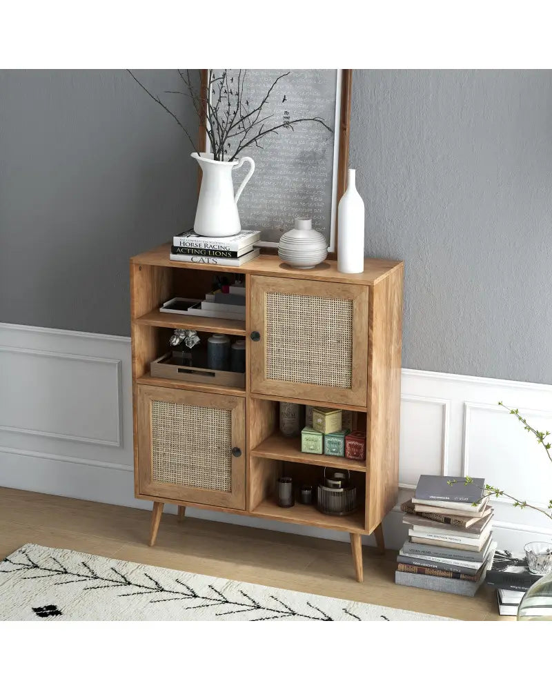Rattan Buffet Cabinet with 2 Doors and 2 Cubbies-Natural - Natural - Sideboards Cabinets & Buffets