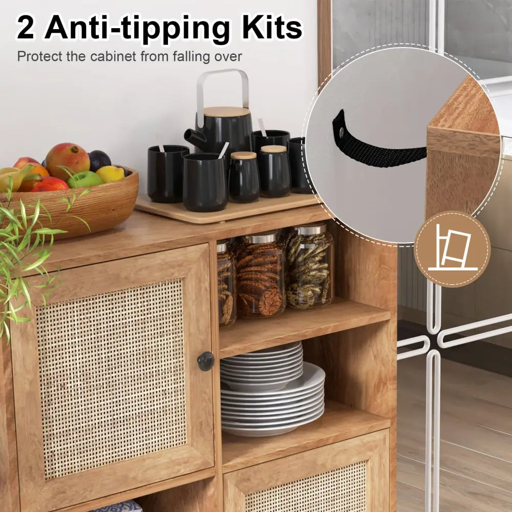 Rattan Buffet Cabinet with 2 Doors and 2 Cubbies-Natural - Natural - Sideboards Cabinets & Buffets