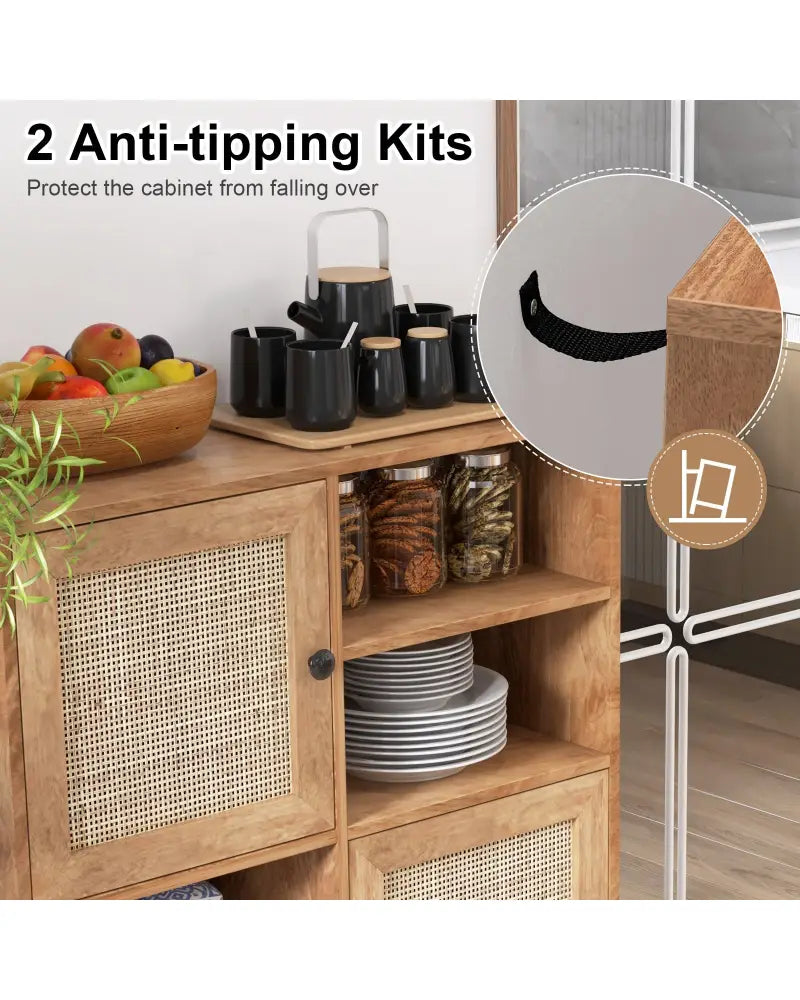 Rattan Buffet Cabinet with 2 Doors and 2 Cubbies-Natural - Natural - Sideboards Cabinets & Buffets