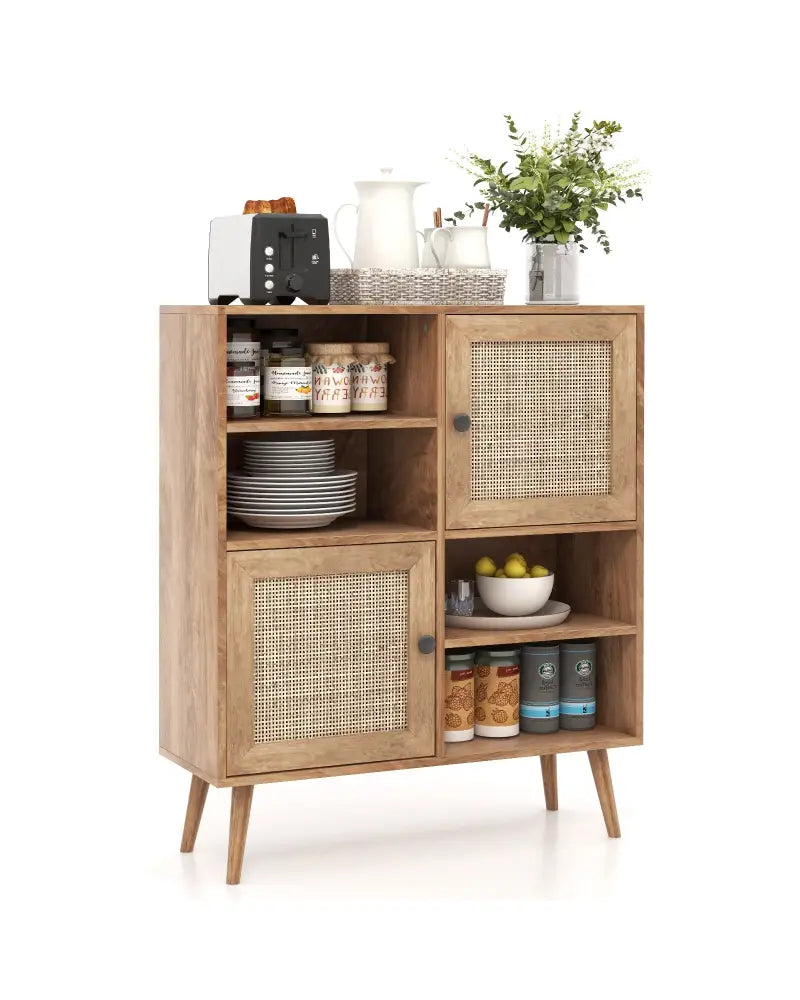 Rattan Buffet Cabinet with 2 Doors and 2 Cubbies-Natural - Natural - Sideboards Cabinets & Buffets