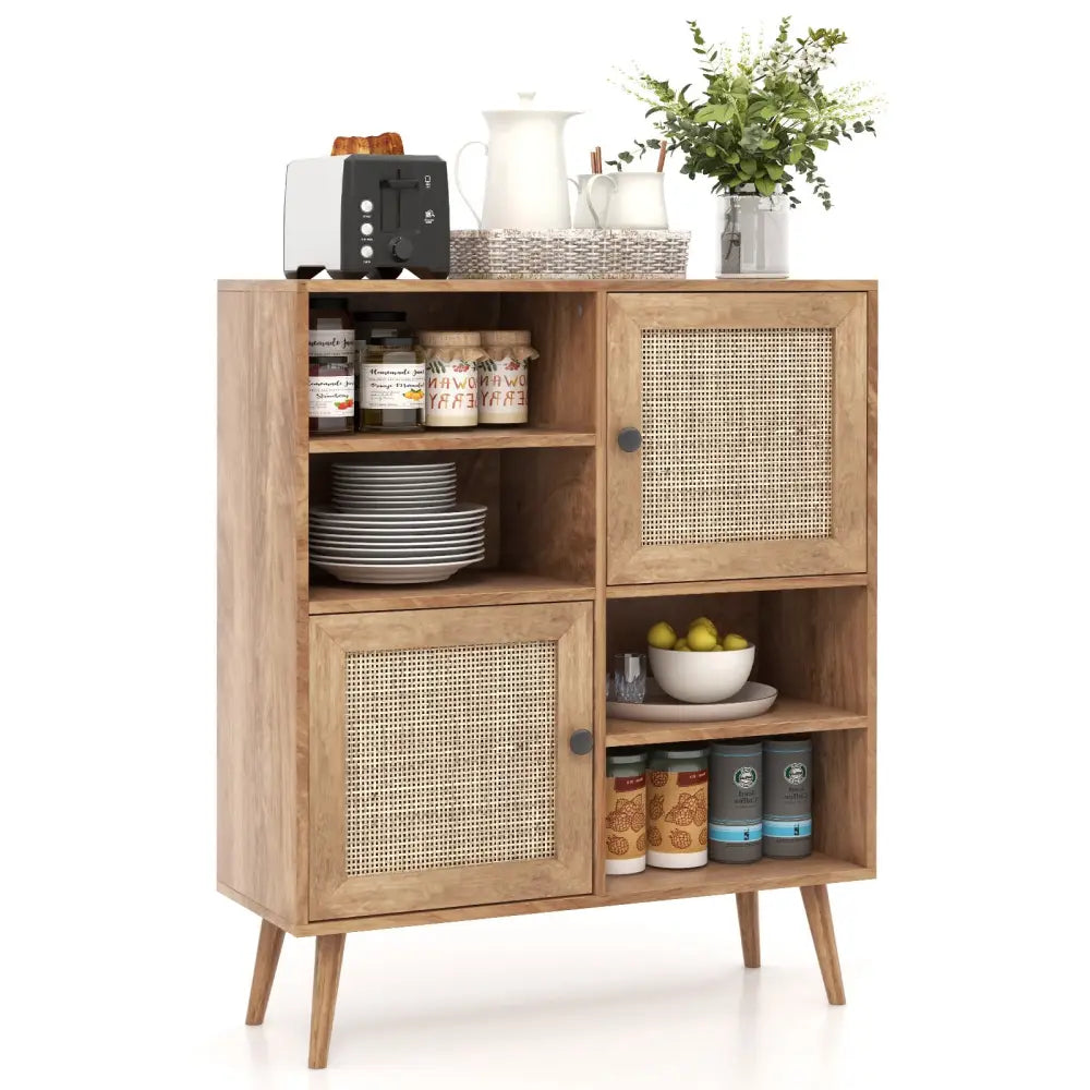 Rattan Buffet Cabinet with 2 Doors and 2 Cubbies-Natural - Natural - Sideboards Cabinets & Buffets