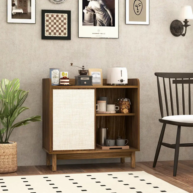 Rattan Buffet Sideboard Mid Century Floor Storage Cabinet with Sliding Door and Adjustable Shelves-Walnut - Walnut