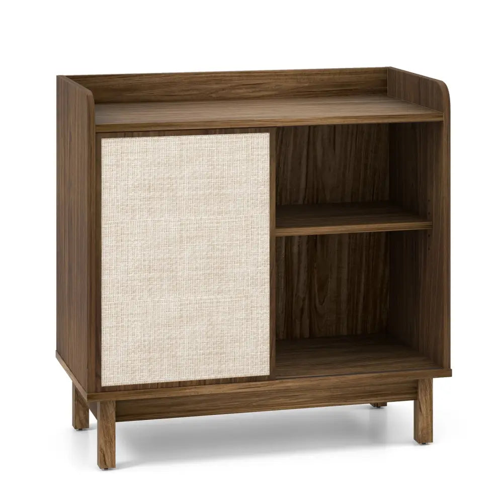 Rattan Buffet Sideboard Mid Century Floor Storage Cabinet with Sliding Door and Adjustable Shelves-Walnut - Walnut