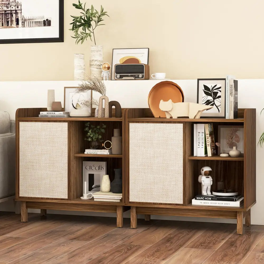 Rattan Buffet Sideboard Mid Century Floor Storage Cabinet with Sliding Door and Adjustable Shelves-Walnut - Walnut