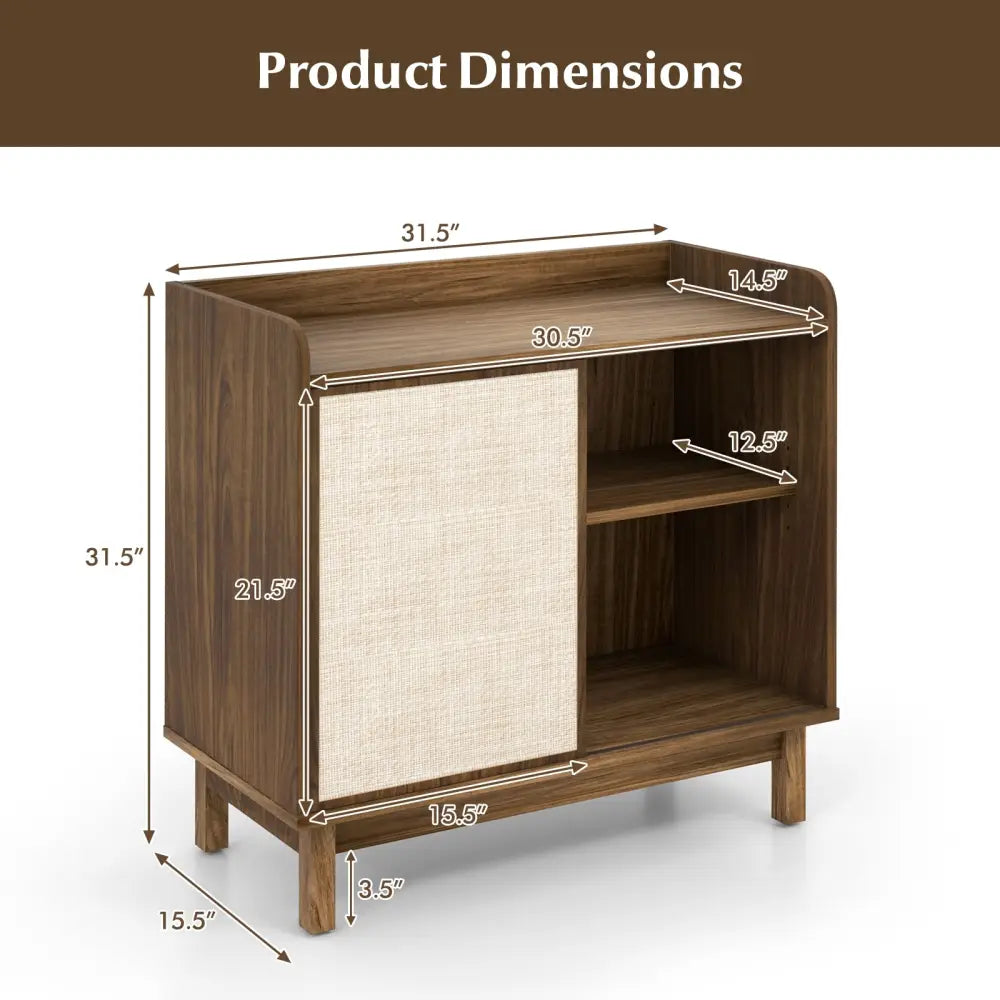 Rattan Buffet Sideboard Mid Century Floor Storage Cabinet with Sliding Door and Adjustable Shelves-Walnut - Walnut