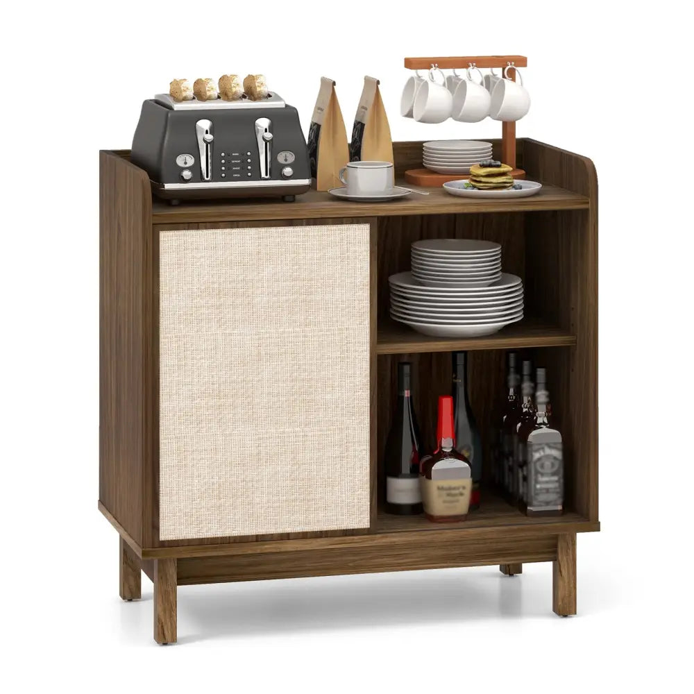 Rattan Buffet Sideboard Mid Century Floor Storage Cabinet with Sliding Door and Adjustable Shelves-Walnut - Walnut