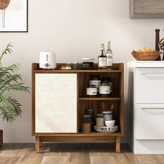 Rattan Buffet Sideboard Mid Century Floor Storage Cabinet with Sliding Door and Adjustable Shelves-Walnut - Walnut
