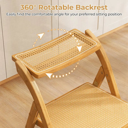 Rattan Cane Folding Dining Chairs Set of 2 with Rotatable Backrests-Natural - Natural - Dining Chairs