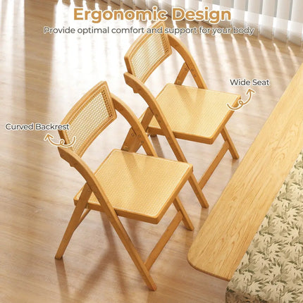 Rattan Cane Folding Dining Chairs Set of 2 with Rotatable Backrests-Natural - Natural - Dining Chairs