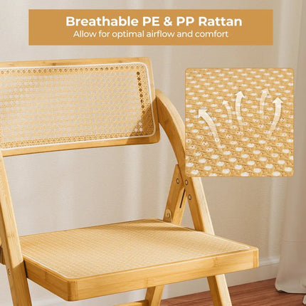 Rattan Cane Folding Dining Chairs Set of 2 with Rotatable Backrests-Natural - Natural - Dining Chairs