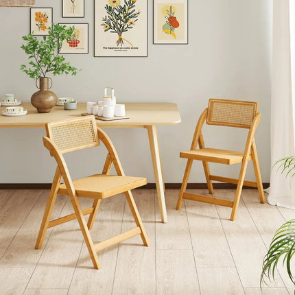 Rattan Cane Folding Dining Chairs Set of 2 with Rotatable Backrests-Natural - Natural - Dining Chairs