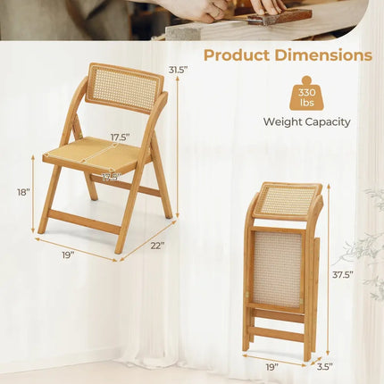 Rattan Cane Folding Dining Chairs Set of 2 with Rotatable Backrests-Natural - Natural - Dining Chairs
