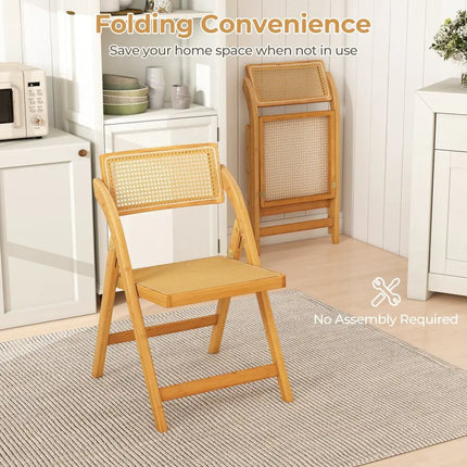 Rattan Cane Folding Dining Chairs Set of 2 with Rotatable Backrests-Natural - Natural - Dining Chairs